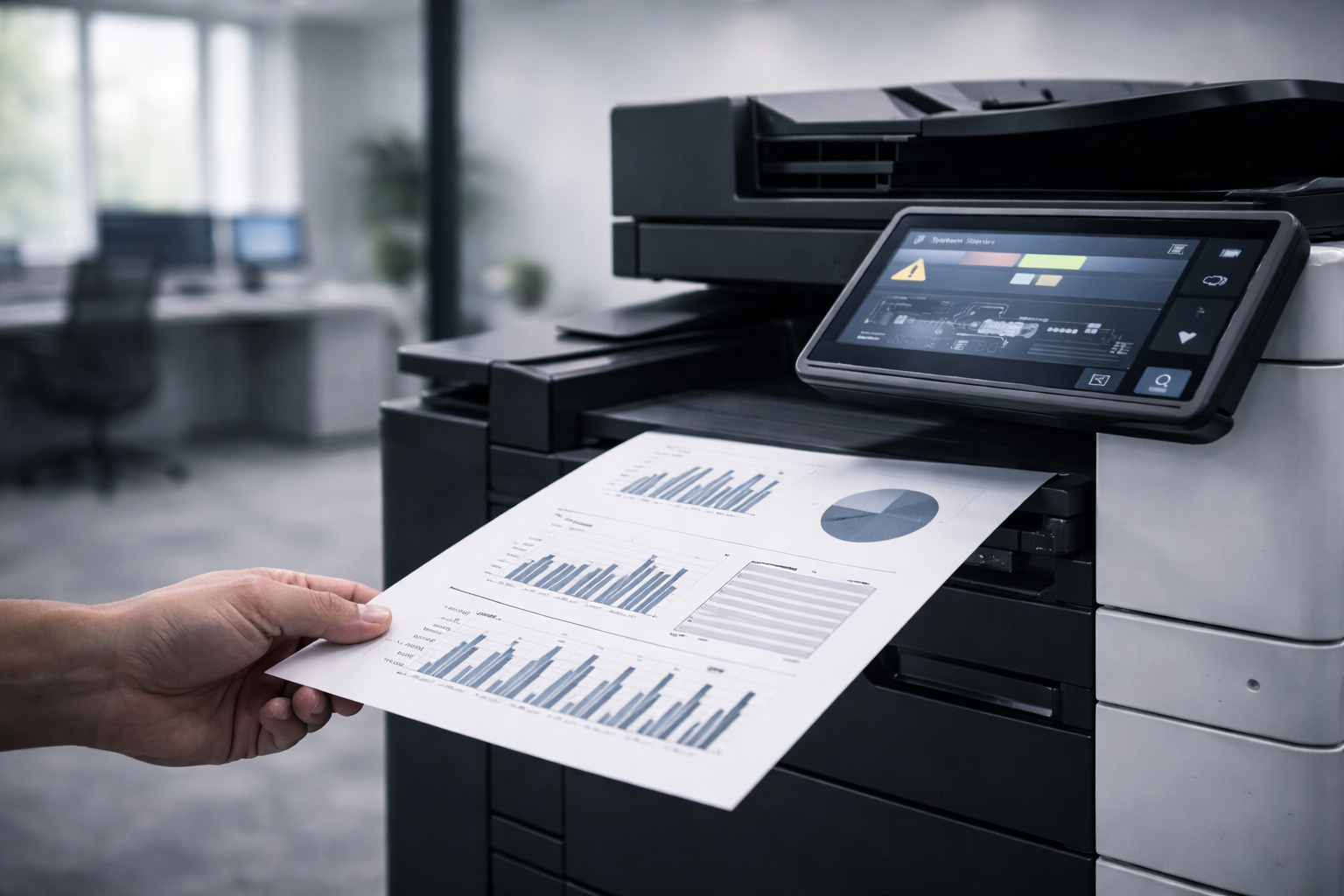 A person holding a printed sheet with charts and graphs being printed from a modern multi-function copier or printer in an office setting.
