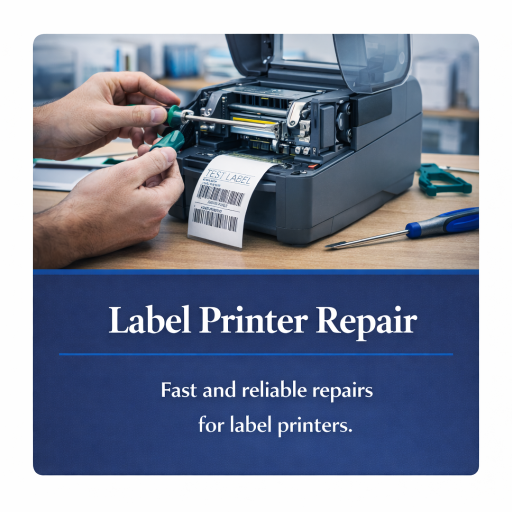 Expert label printer repair services for thermal and barcode printers in a clean industrial workspace