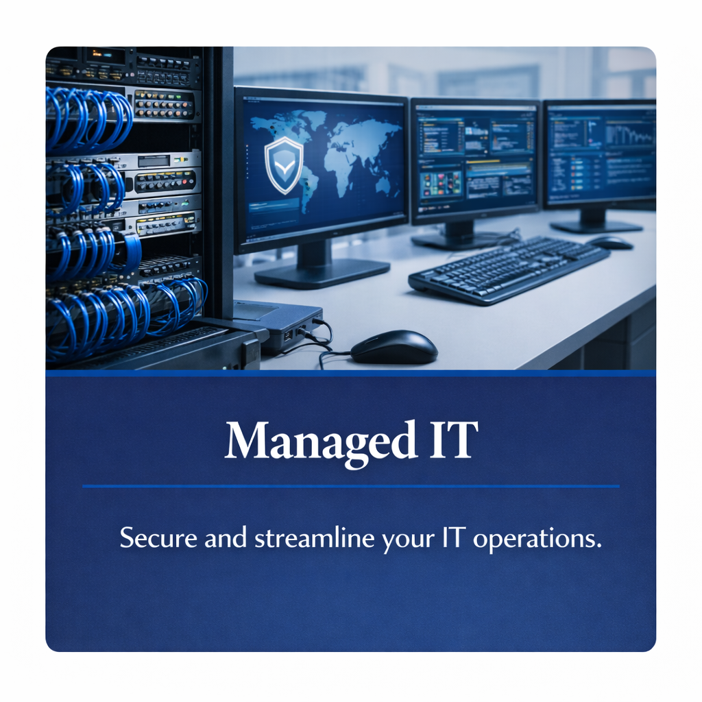 Managed IT services for businesses with secure technology infrastructure and modern office workstations