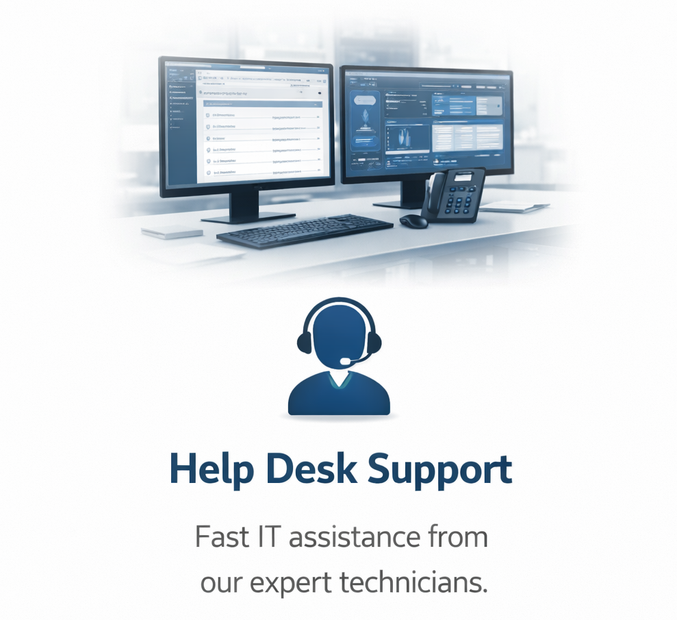 Office desk with dual computer monitors, keyboard, mouse, telephone, and notepad, overlaid with Help Desk Support icon and text promoting IT assistance from expert technicians.