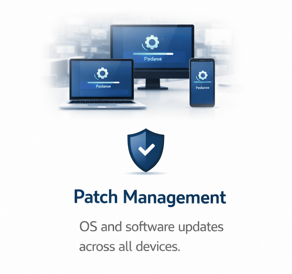 Illustration of multiple electronic devices (laptop, desktop monitor, smartphone) displaying the same software update screen for patch management, with a shield icon below and the text "Patch Management" and "OS and software updates across all devices."