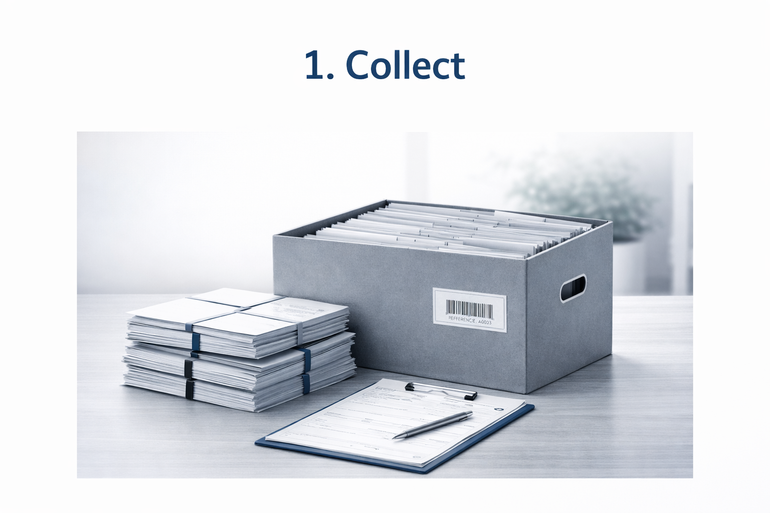 Stacks of paperwork and a gray storage box with folders on a desk.