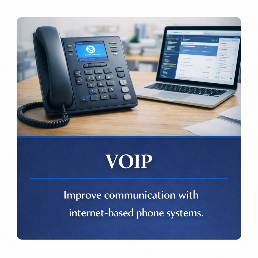 Business VoIP phone systems and cloud communications technology in a modern office workspace