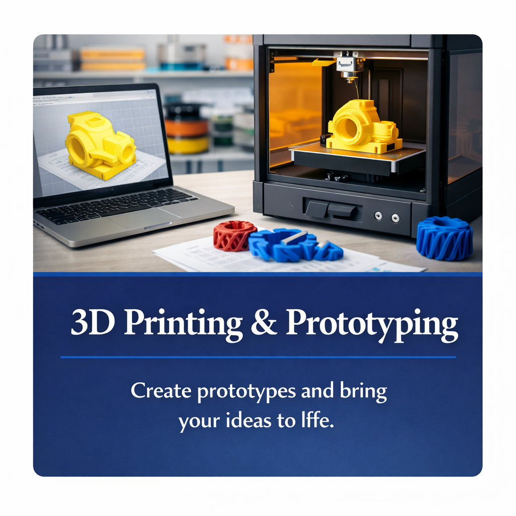 Professional 3D printing and prototyping services producing custom parts in a modern technology workspace