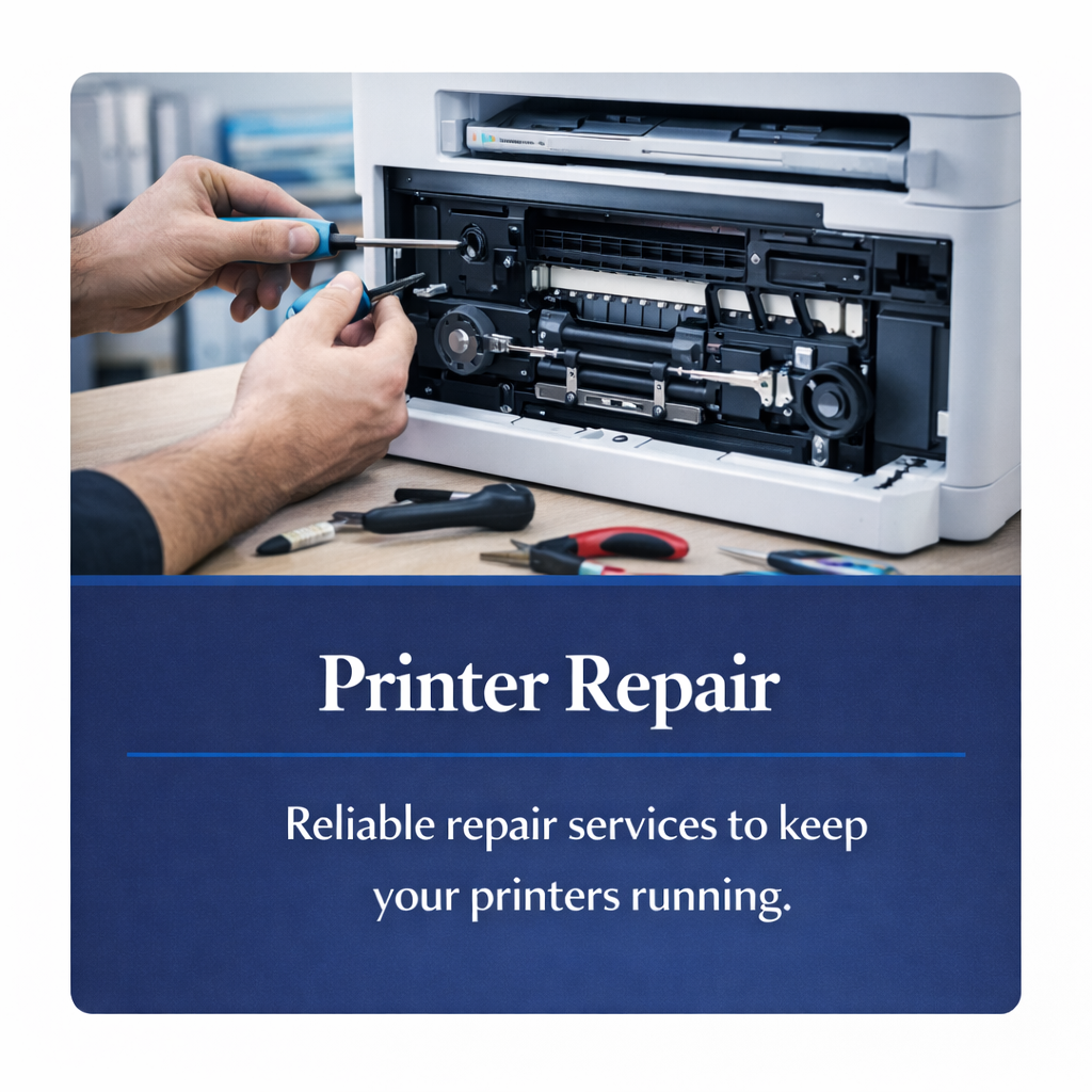 Professional printer and copier repair services with a business-grade multifunction printer in a modern office environment