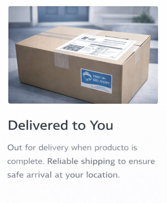 A cardboard delivery box with a shipping label and a blue sticker that says 'Fast and Reliable Delivery' placed on a gray surface, with a blurred background.
