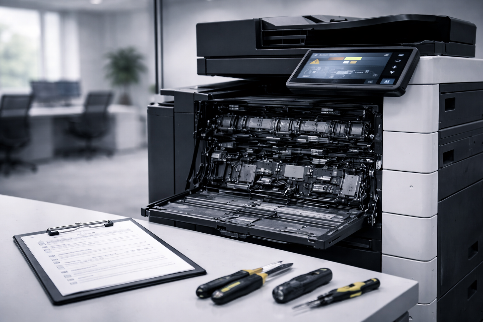 Open laser printer with internal components exposed, work tools and document on table in Modern office