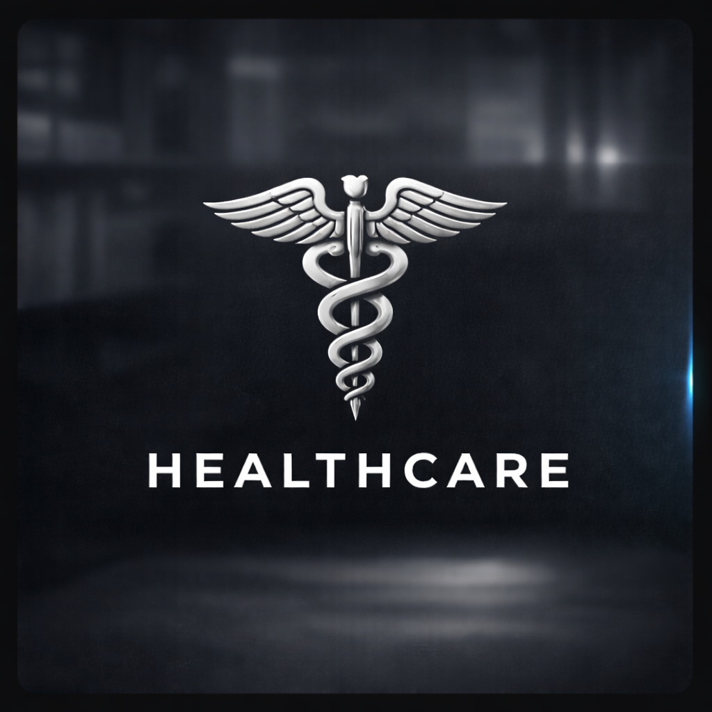 A silver medical caduceus symbol with wings and a staff, above the word 'Healthcare' in white capital letters on a dark background.