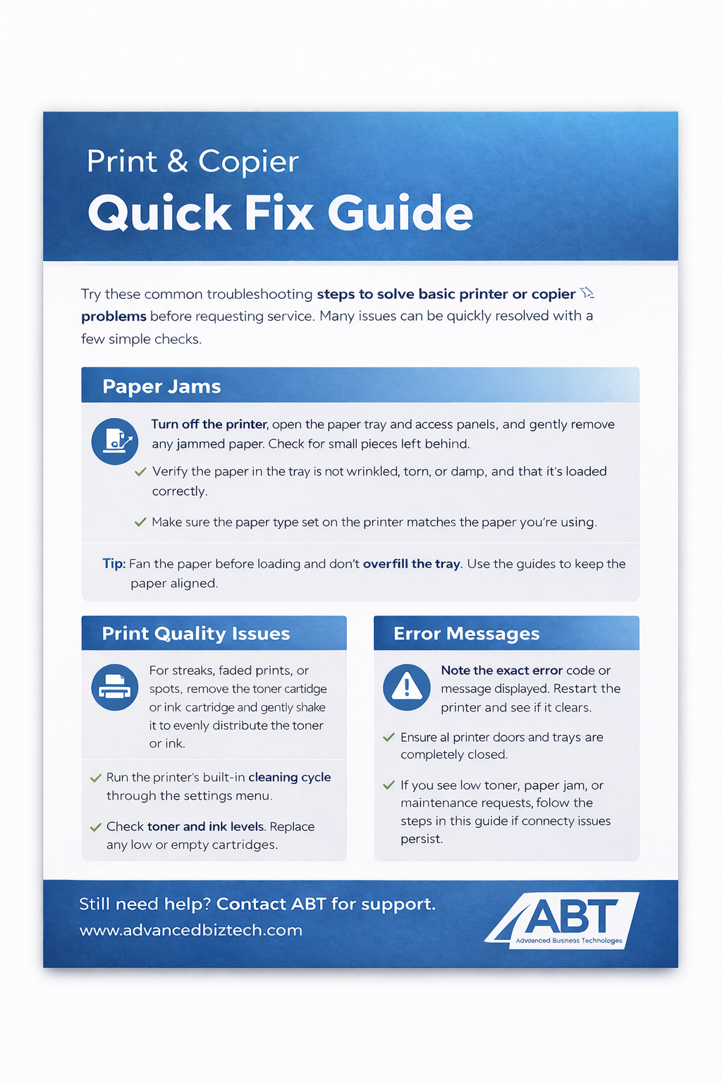 A print and copier troubleshooting quick fix guide with instructions on clearing paper jams, issues with print quality, and error messages, published by ABT.