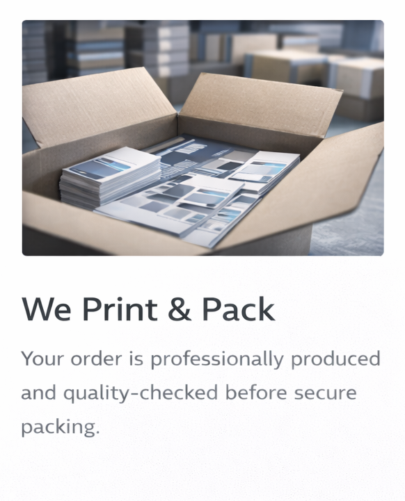 Open cardboard box containing sheets of printed material, with a background of shelves filled with packed boxes.