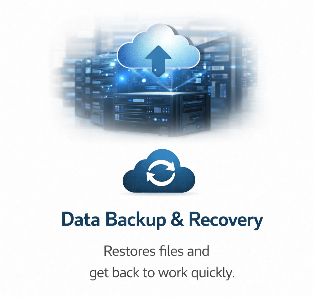 Cloud computing icon with an upload arrow and a circular synchronization icon, representing data backup and recovery in a digital server environment.