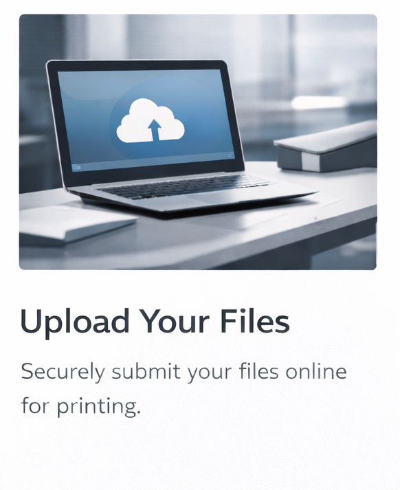 Laptop computer on a desk displaying a cloud upload icon, with text inviting users to upload files securely online.