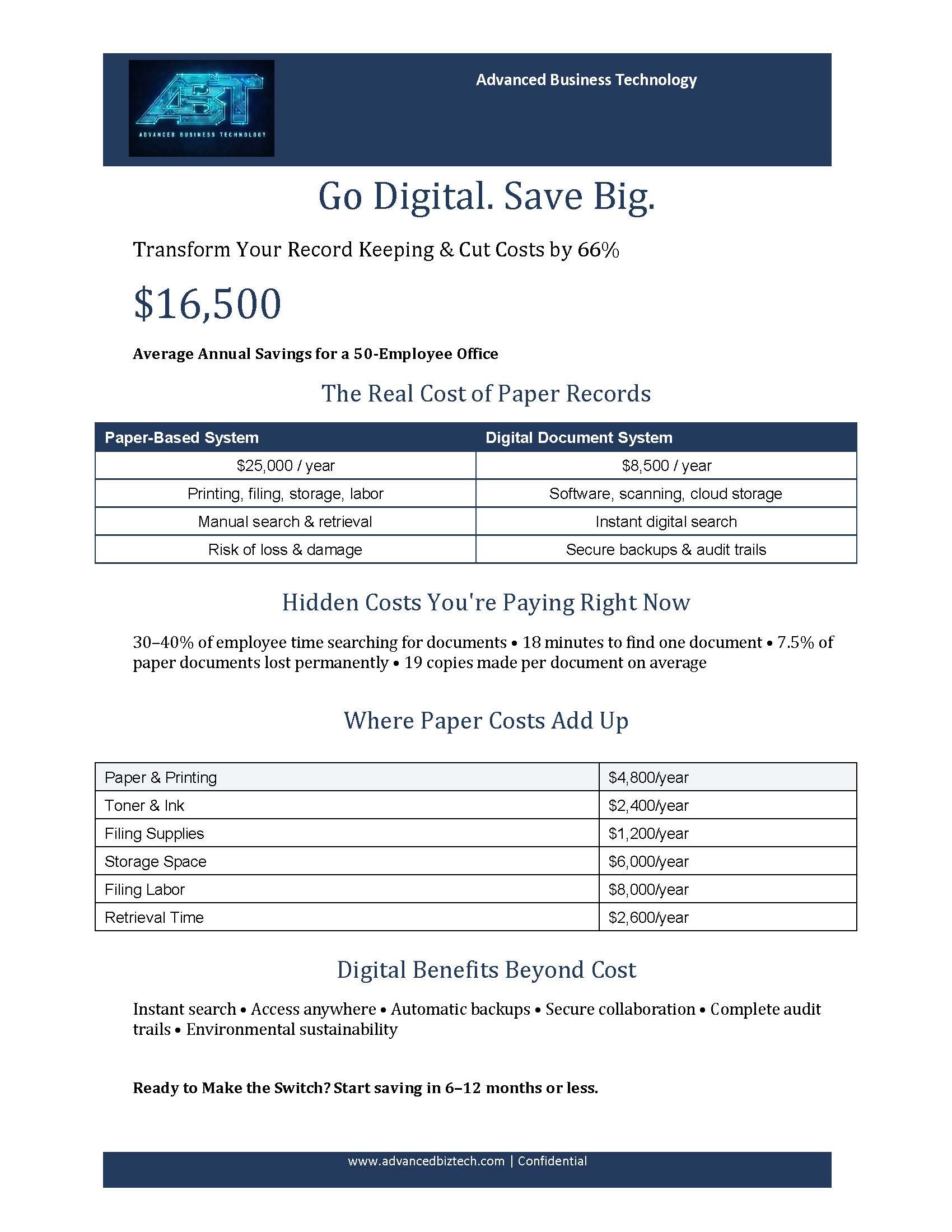 A flyer from Advanced Business Technology promoting digital record keeping to save costs. It compares the costs and risks of paper-based versus digital document systems, highlighting potential savings and digital benefits.