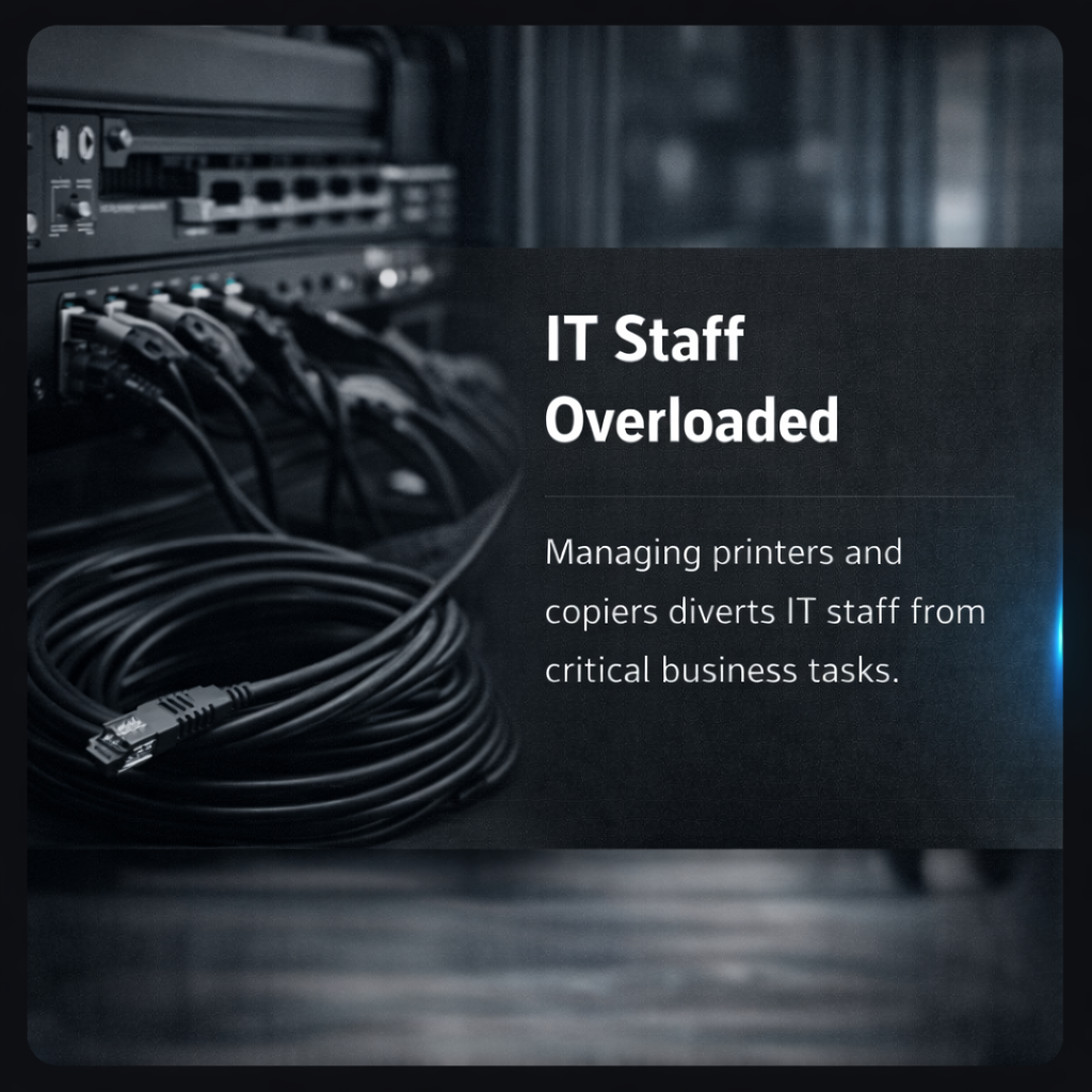 A network server rack with cables and a digital overlay stating 'IT Staff Overloaded. Managing printers and copiers diverts IT staff from critical business tasks.'