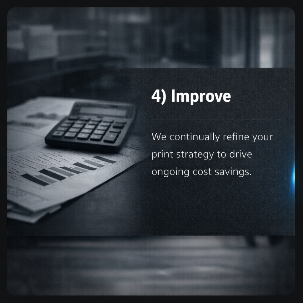 A printed financial graph, a calculator, and documents on a desk with a dark background, part of a presentation slide about improving cost-saving strategies.