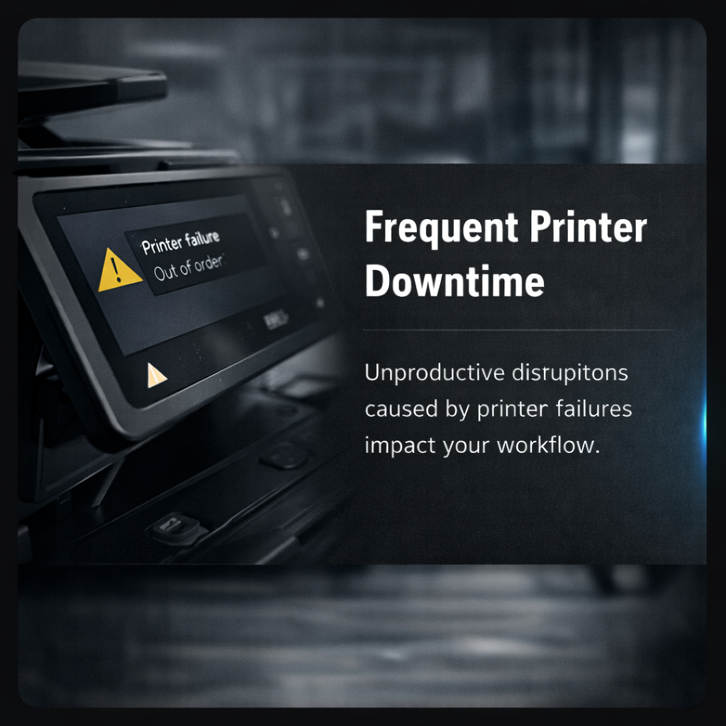 A printer with a warning message on its screen reading 'Printer failure Out of order' and a text overlay stating 'Frequent Printer Downtime. Unproductive disruptions caused by printer failures impact your workflow.'