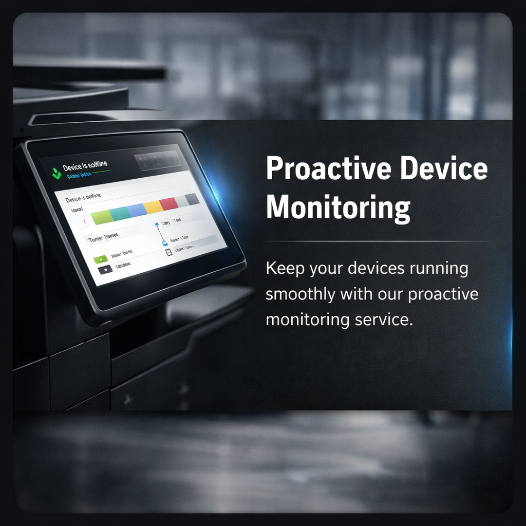 A touchscreen device displaying monitoring data beside text that reads "Proactive Device Monitoring" and "Keep your devices running smoothly with our proactive monitoring service."