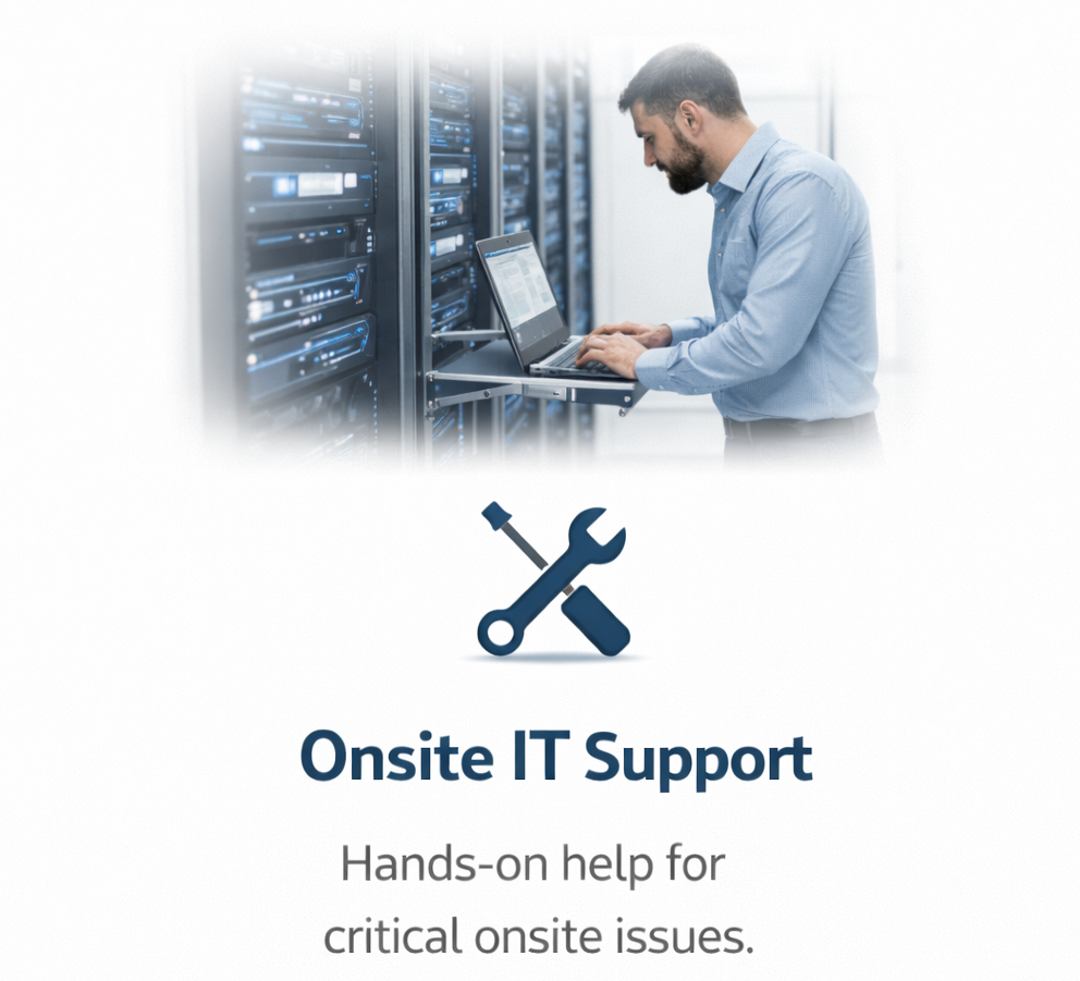 A man working in a data center with servers, using a laptop, representing onsite IT support with a wrench and screwdriver icon, and text about providing hands-on help for critical onsite issues.