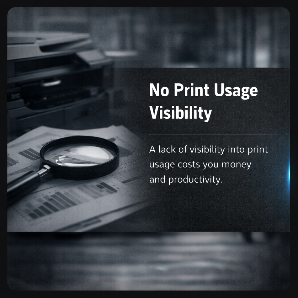 A magnifying glass and printed barcoded pages on a desk with a printer in the background, with overlaid text about print usage visibility.