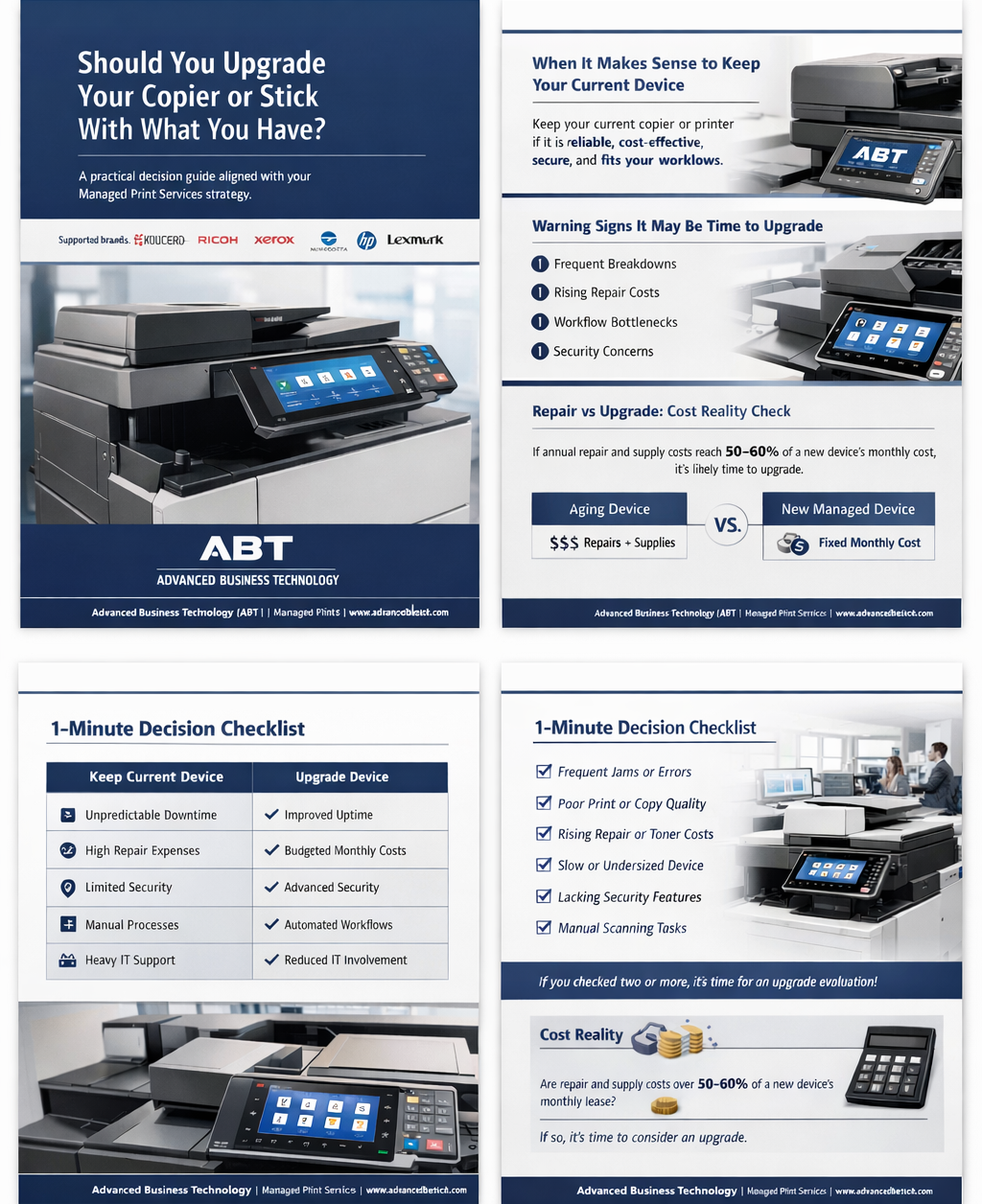 Upgrade vs repair guide helping businesses decide whether to repair existing printers and copiers or invest in new office equipment