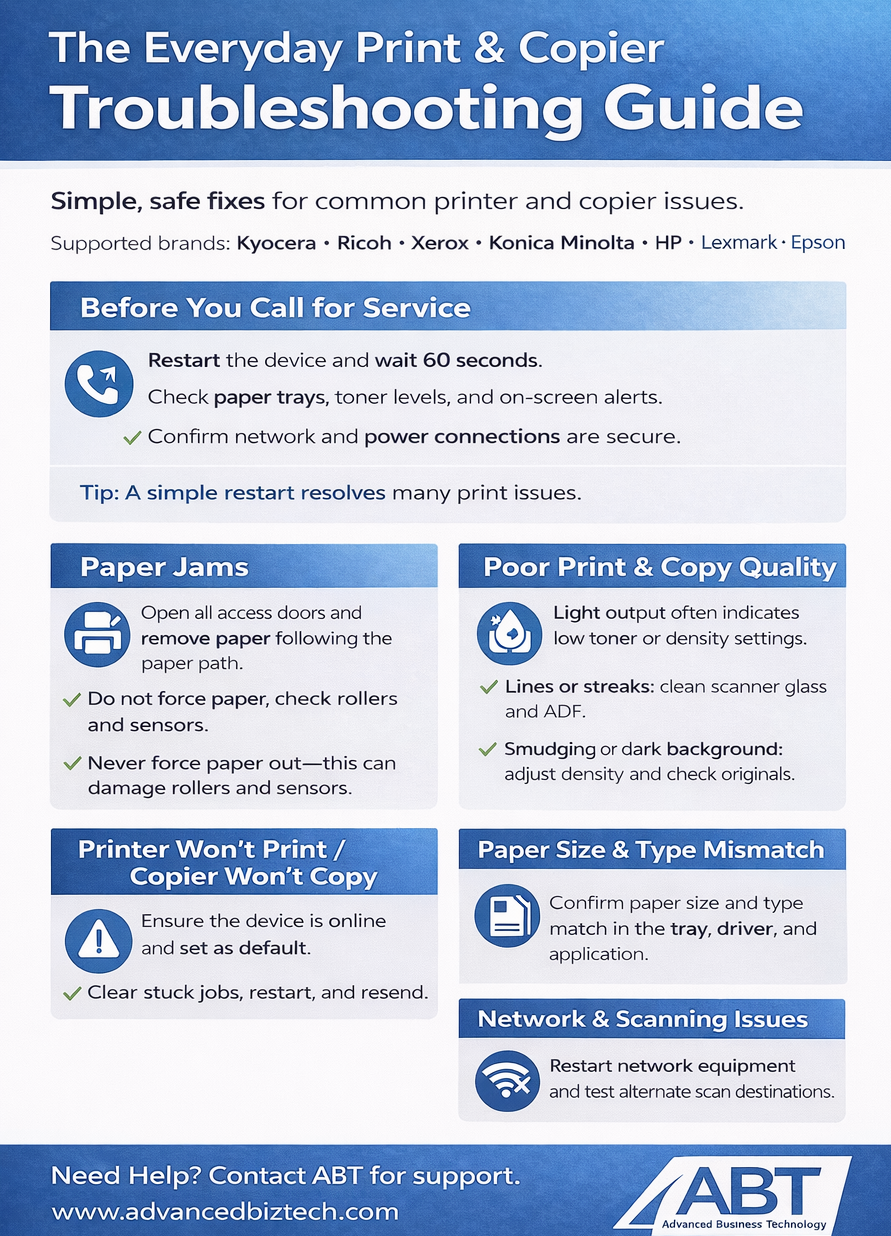 The original print and copier troubleshooting guide from ABT offering simple fixes for common issues, including instructions for restarting devices, clearing paper jams, addressing poor print quality, resolving print and copier communication problems, verifying paper size and type, and network issues.