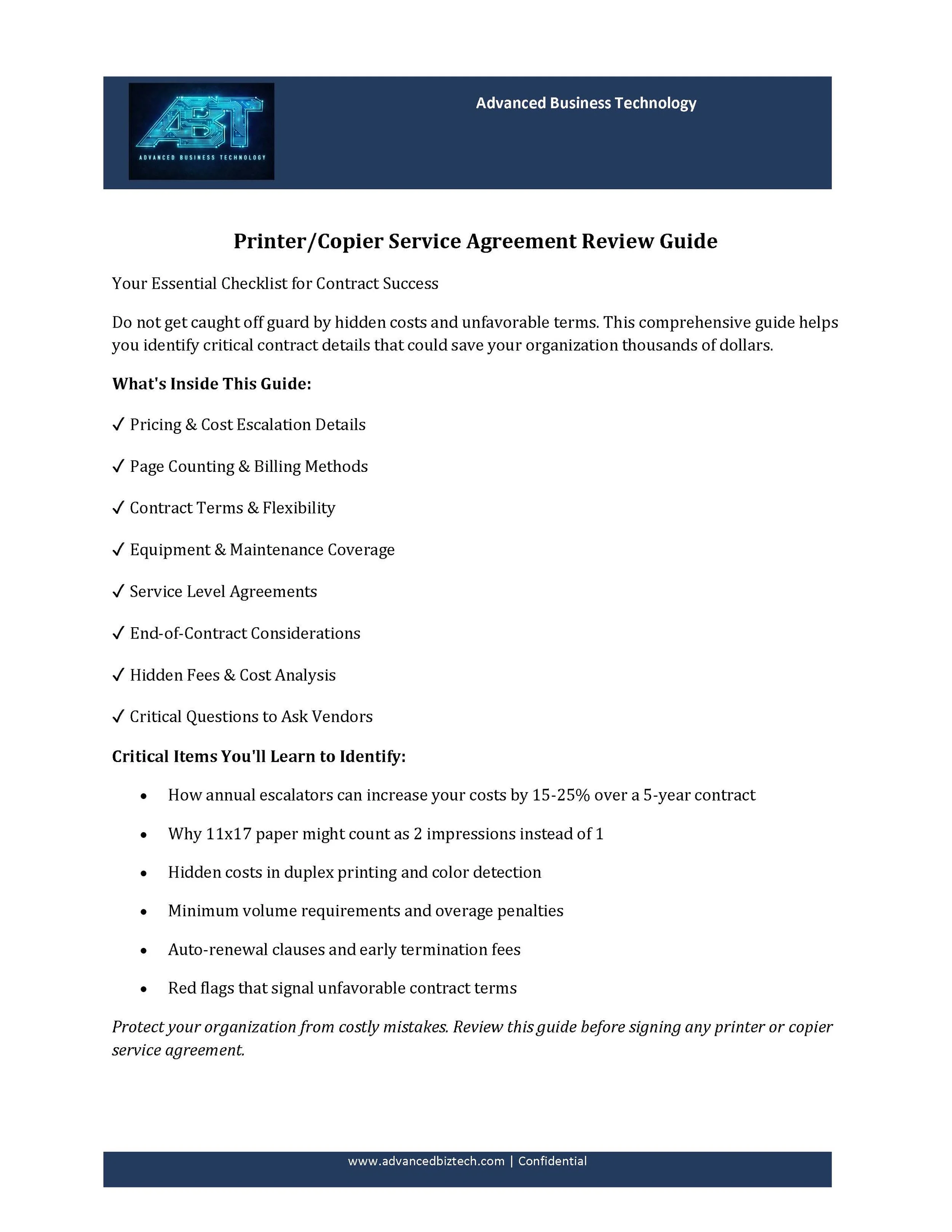 Copier service agreement guide helping businesses understand maintenance coverage, service terms, and support options for office equipment