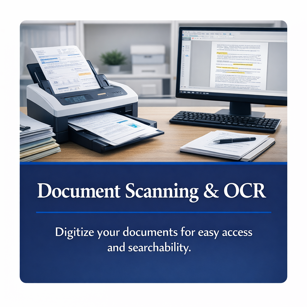 Document scanning and OCR services converting paper records into digital files in a professional office environment