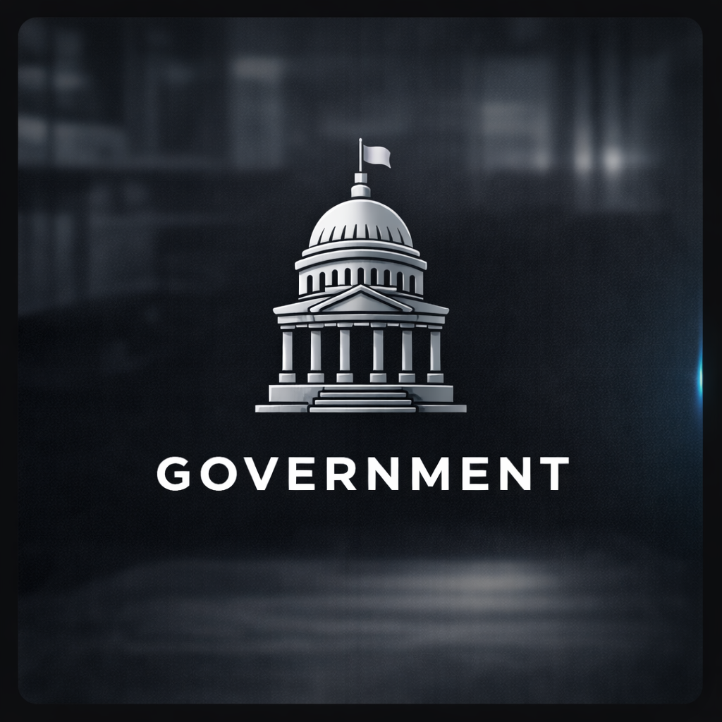 Icon of a government building with a dome and flag, with the word "GOVERNMENT" below on a dark, blurred background.