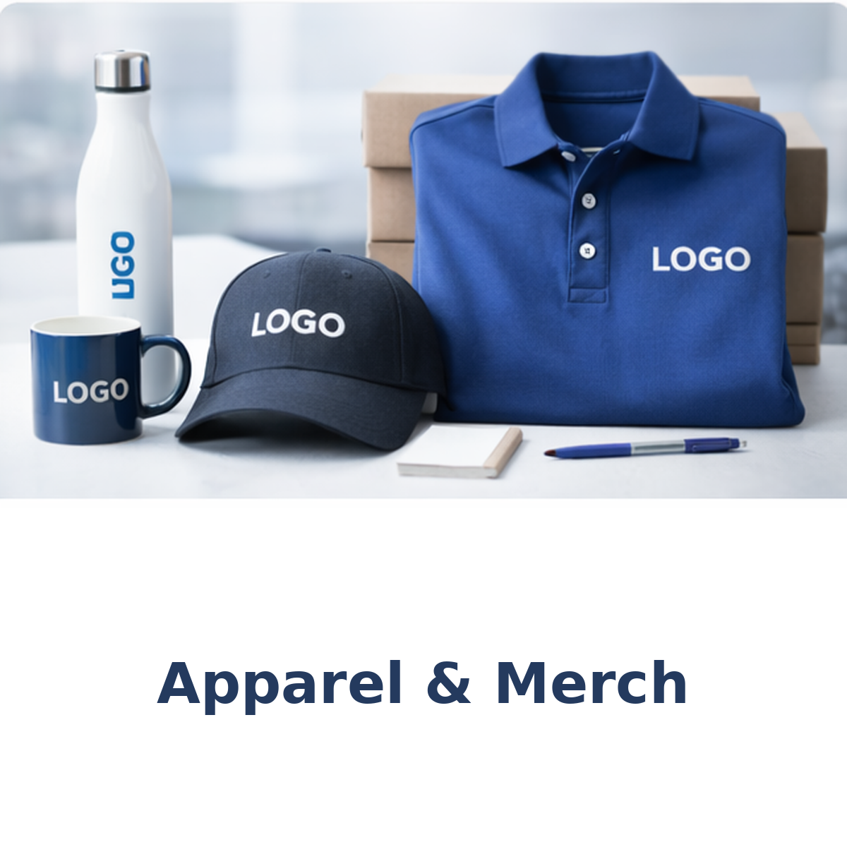 Business apparel and branded merchandise including shirts, hats, and promotional items displayed in a modern professional setting