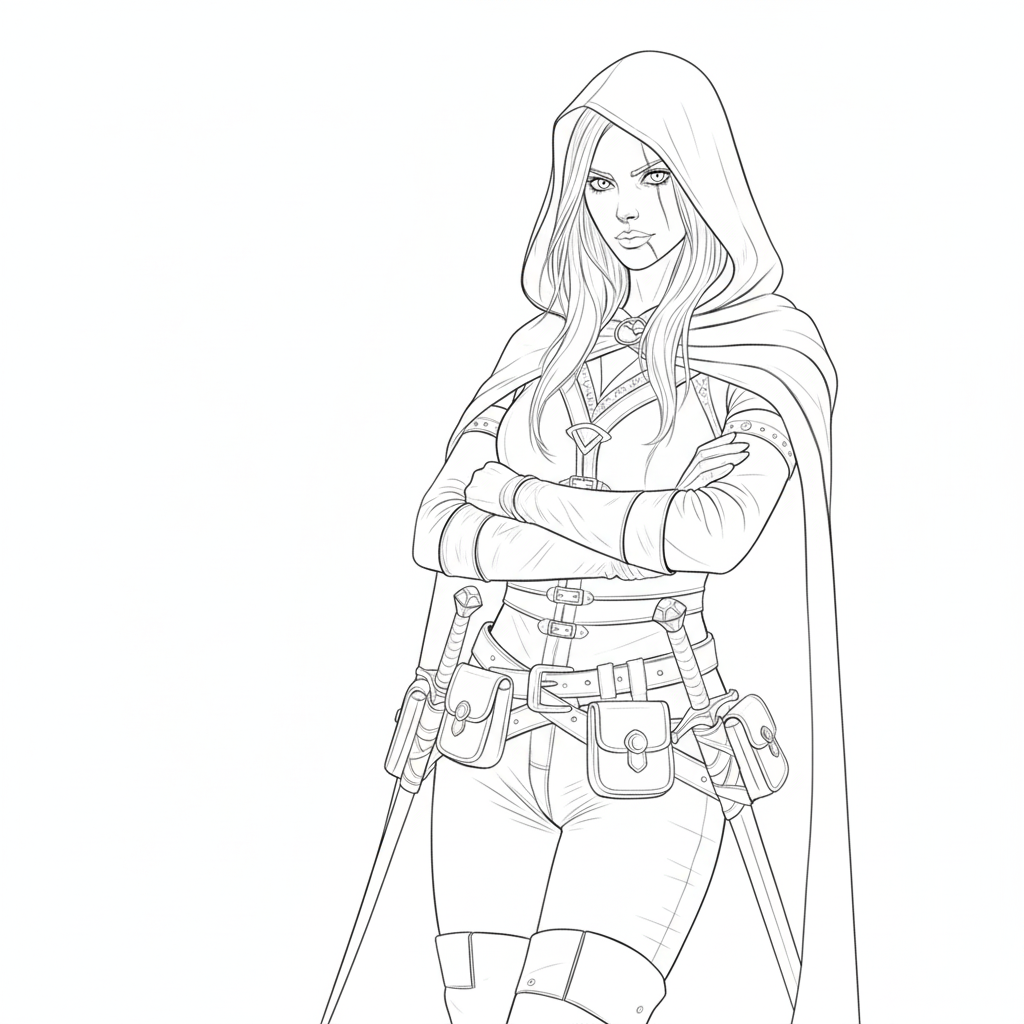 Line drawing of a female warrior with crossed arms, wearing a hooded cloak, armor, utility belt, and carrying swords.