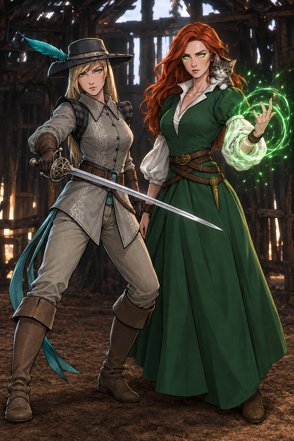 Fantasy illustration of a female swordswoman and red-haired sorceress with a kitten in a ruined barn