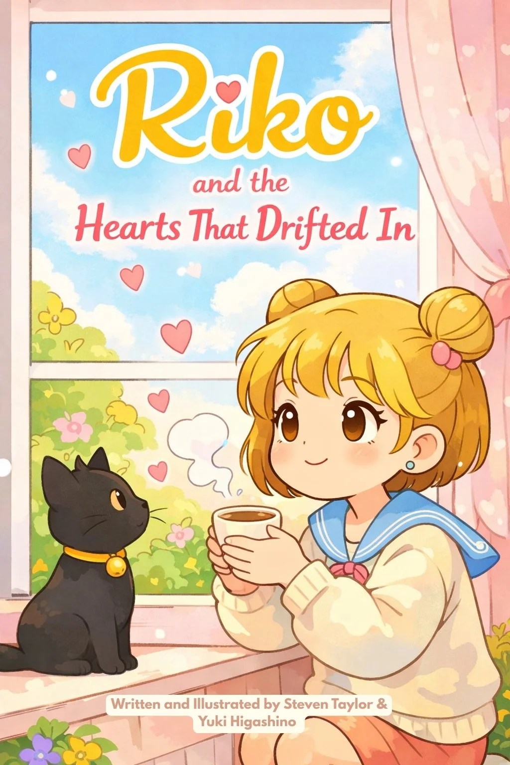Book cover for 'Riko and the Hearts That Drifted In'. Illustration of a girl with short blonde hair in a sailor top holding a steaming cup of tea, sitting by a window, with a black cat sitting nearby. Outside the window, clouds, blue sky, and green t