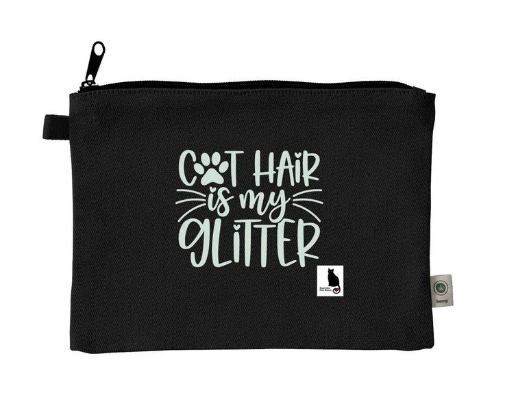 Black zippered pouch with white text that reads "Cat hair is my glitter" and a small silhouette of a black cat at the bottom.