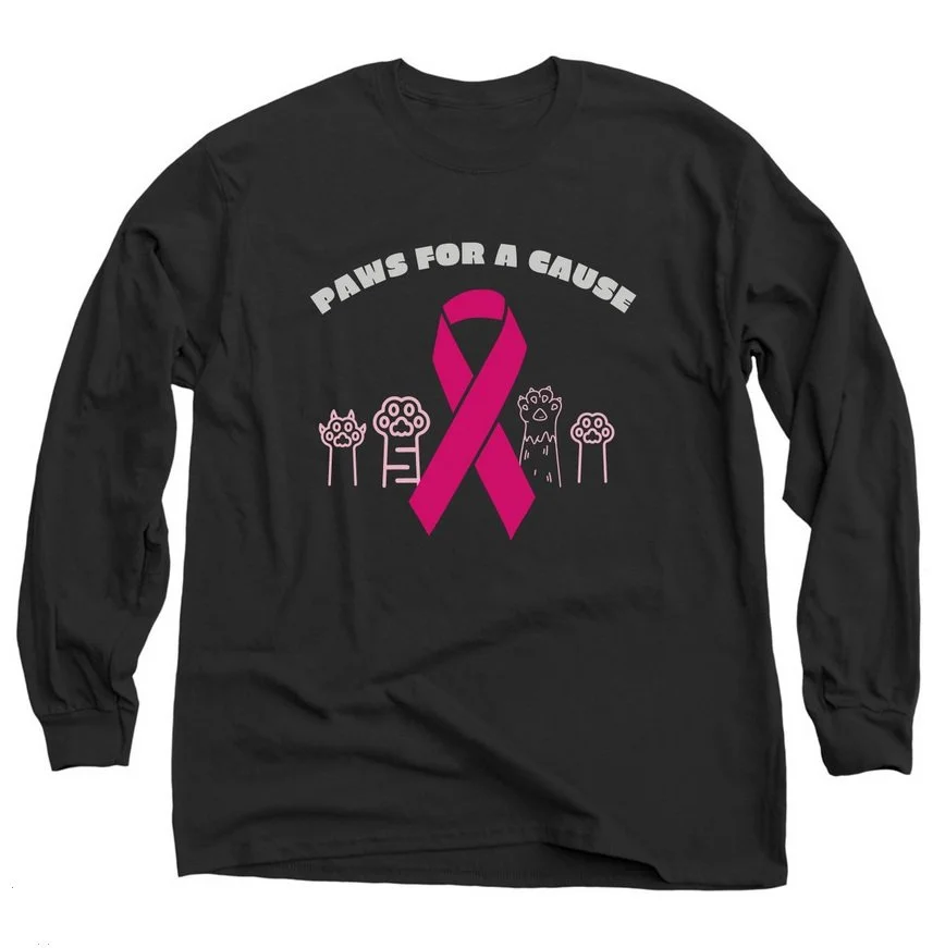 Black long-sleeve shirt with pink awareness ribbon in the center and cartoonish dog illustrations below. The text above reads 'Paws for a Cause'.