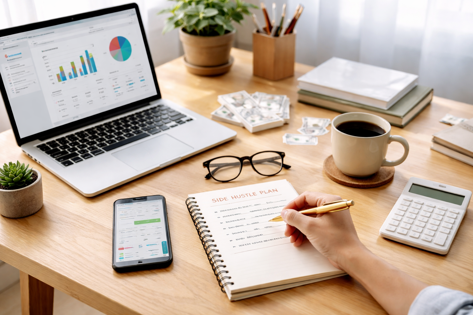 A tidy wooden desk with a laptop displaying data charts, a smartphone showing a spreadsheet, notebooks, a cup of coffee, a pair of glasses, a calculator, a potted cactus, and a person's hand writing in a notebook titled 'Side Hustle Plan' in a bright room.