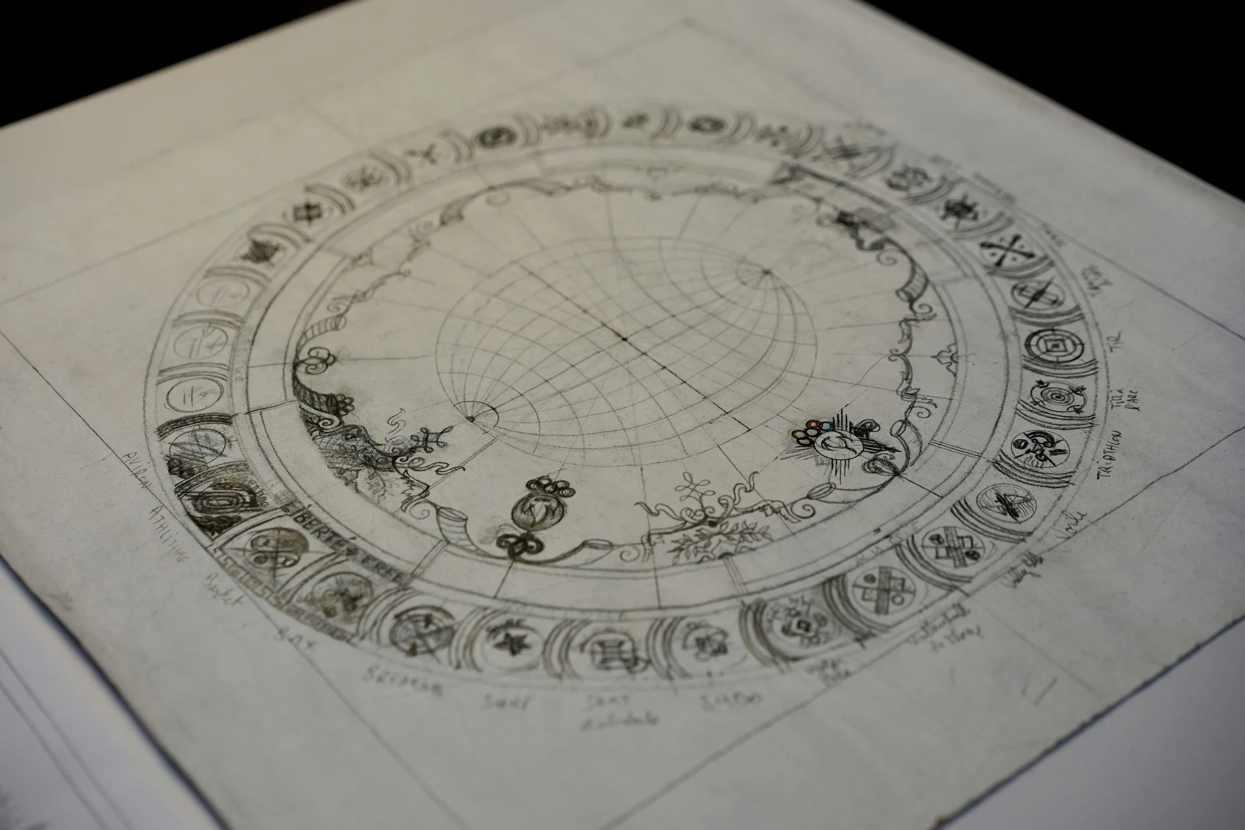 A detailed sketch of a circular astrological chart with zodiac symbols around the perimeter, containing complex lines and symbols indicating astrological houses and planets, drawn on paper with annotations.