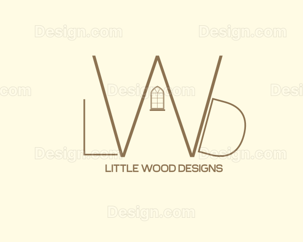 Logo for Little Wood Designs with large stylized letters W and D, a small window in the letter W, and the company name underneath.
