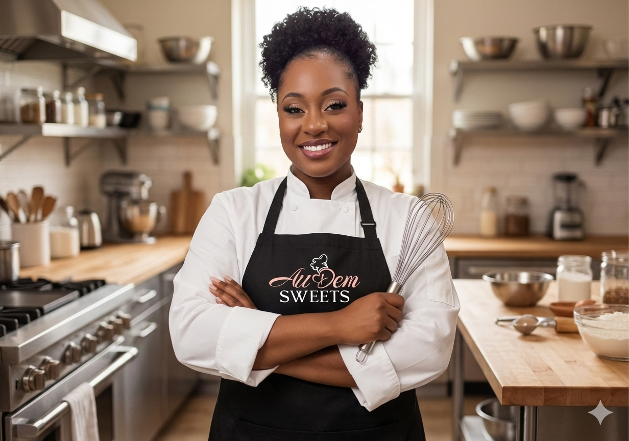 A smiling woman in a white chef's coat and black apron with 'AuDem Sweets' logo, holding a whisk in a kitchen with shelves of bowls, jars, and baking utensils.