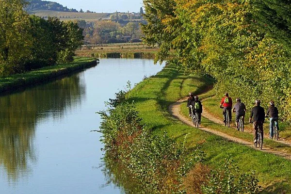Groupe de personnes faisant du vélo le long d'une rivière entourée d'arbres aux feuillages automnaux.