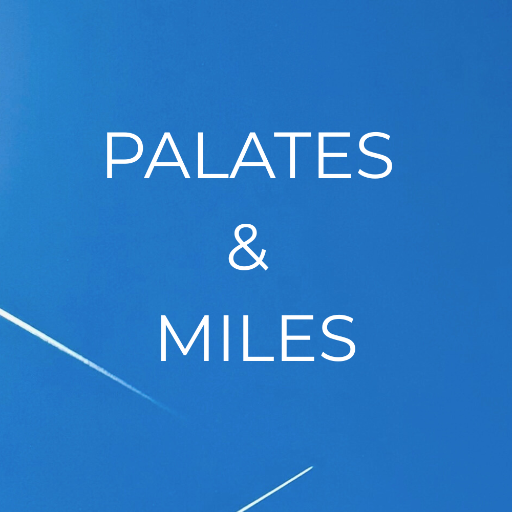 Blue background with white text reading 'Palates & Miles' and white streaks across the image.
