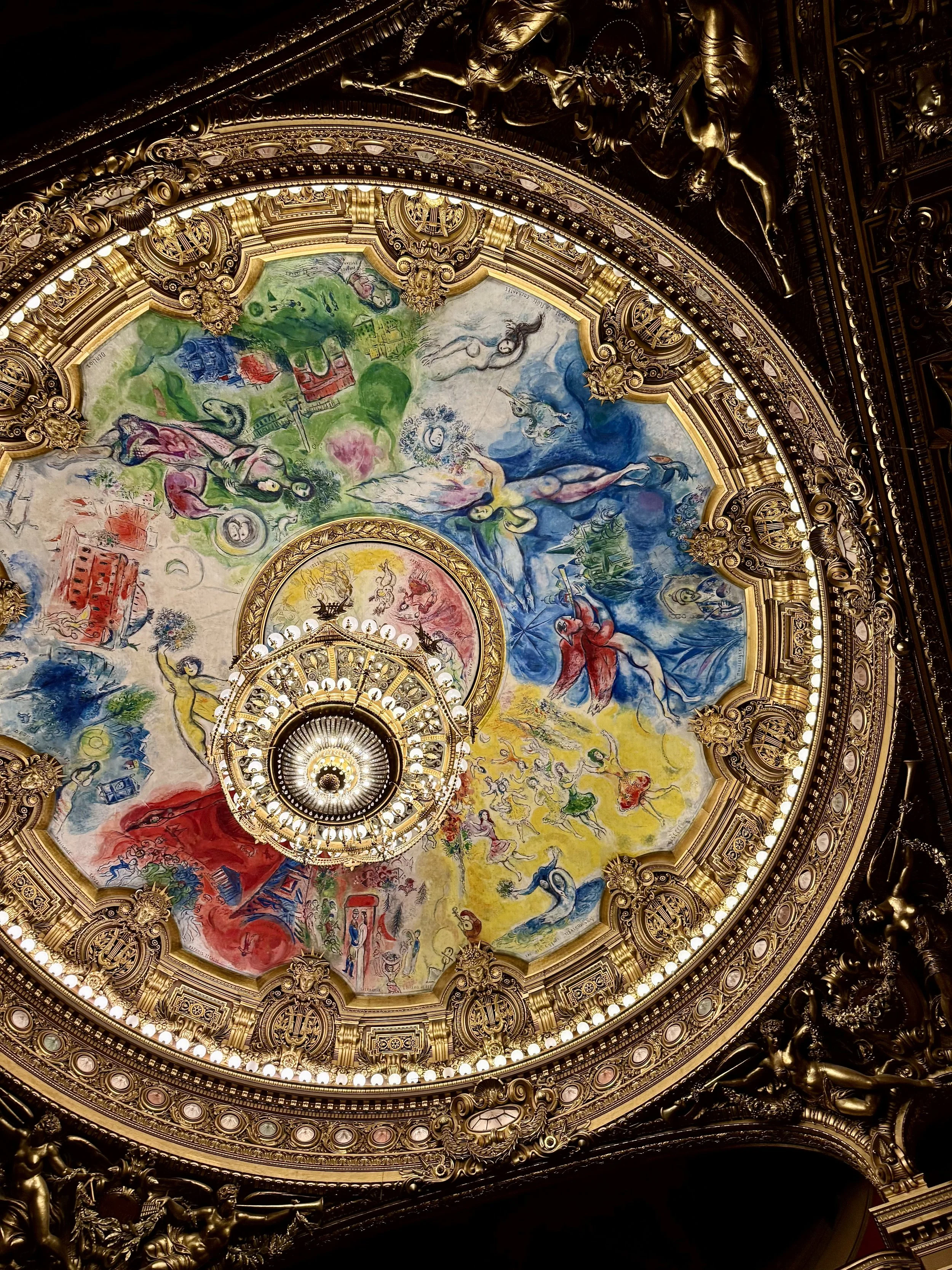 Ornate ceiling with a colorful mural depicting various mythological and fantasy scenes, surrounded by gilded decorative architecture and a chandelier hanging in the center.