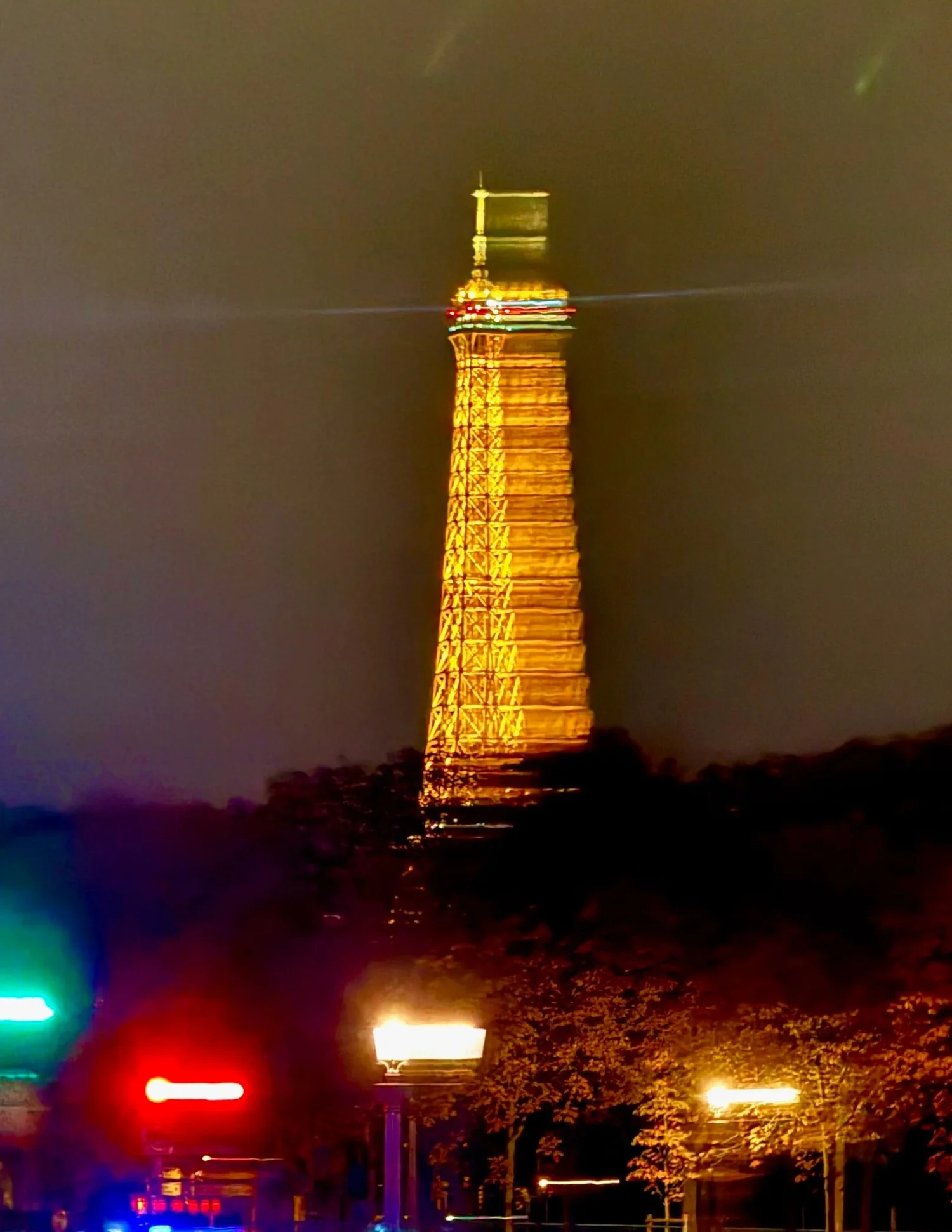 The illuminated Eiffel Tower photographed through trees at night