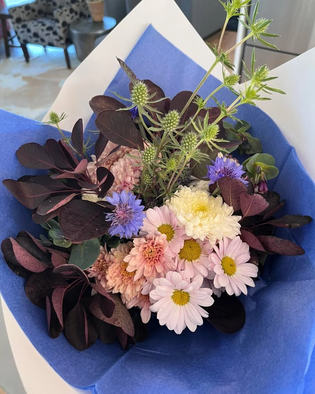 Some beautiful autumn flowers and foliage to make into 4 bouquets as gifts. Love the way they have turned out. The arrangements are hand tied spiral bouquets which I love making. The wrapping and ribbons take me ages though. I think more practice is 