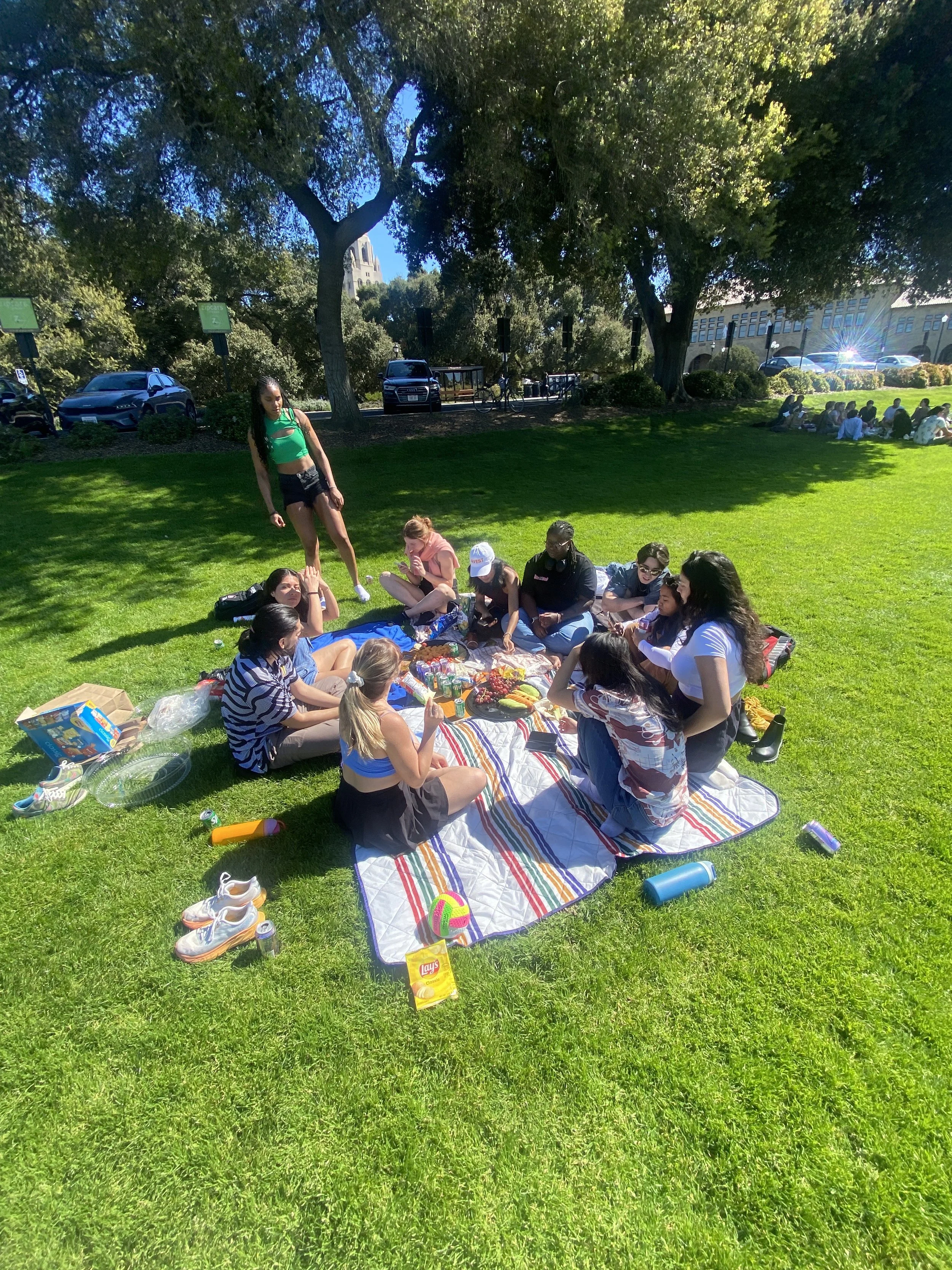 Group of people having a picnic on a blanket in a park on a sunny day.