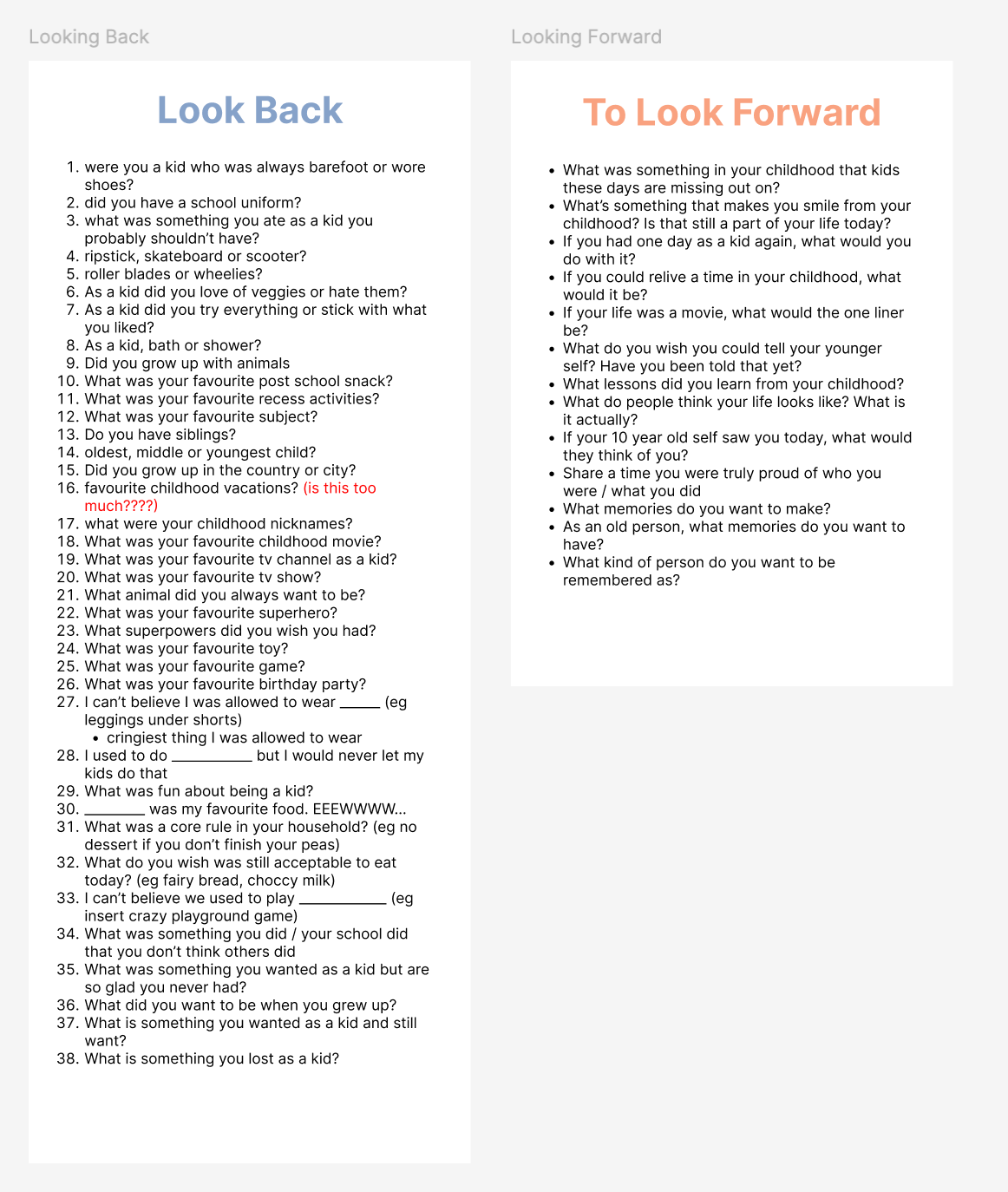 Comparison chart with two columns titled "Look Back" and "To Look Forward." The "Look Back" column contains 38 numbered questions and comments about childhood memories, favorite activities, and past experiences. The "To Look Forward" column contains questions about future aspirations, childhood memories, and personal reflections.