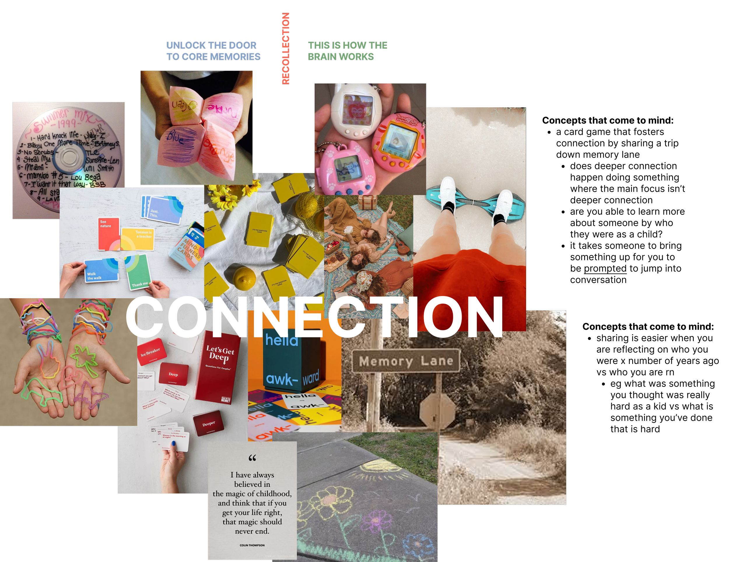Collage of various images representing childhood activities, toys, and memories with the word 'CONNECTION' overlayed in the center.