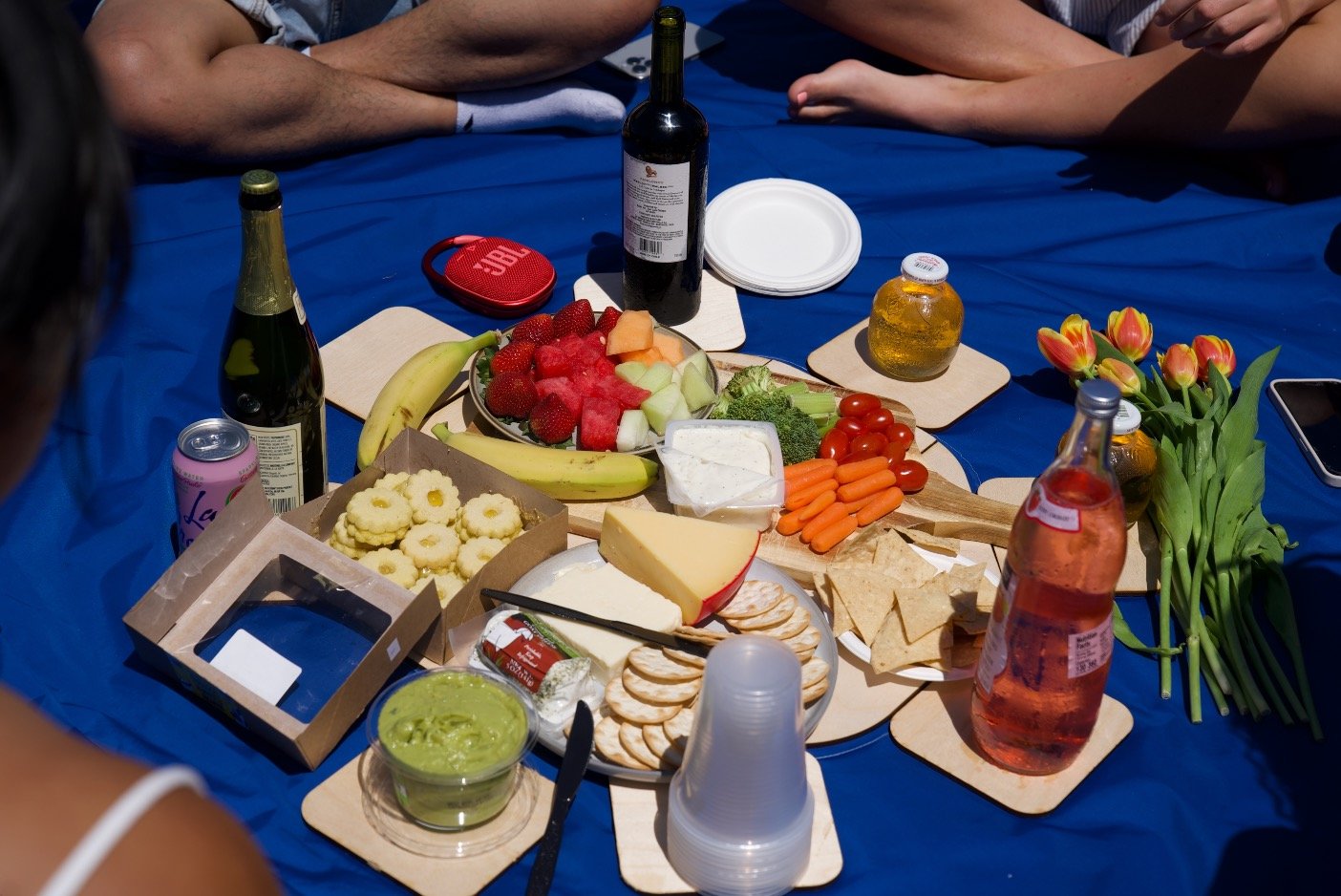 A table set for a picnic with various foods and drinks, including fruit, cheese, crackers, chips, vegetables, a bottle of wine, and soda, with people sitting around it.