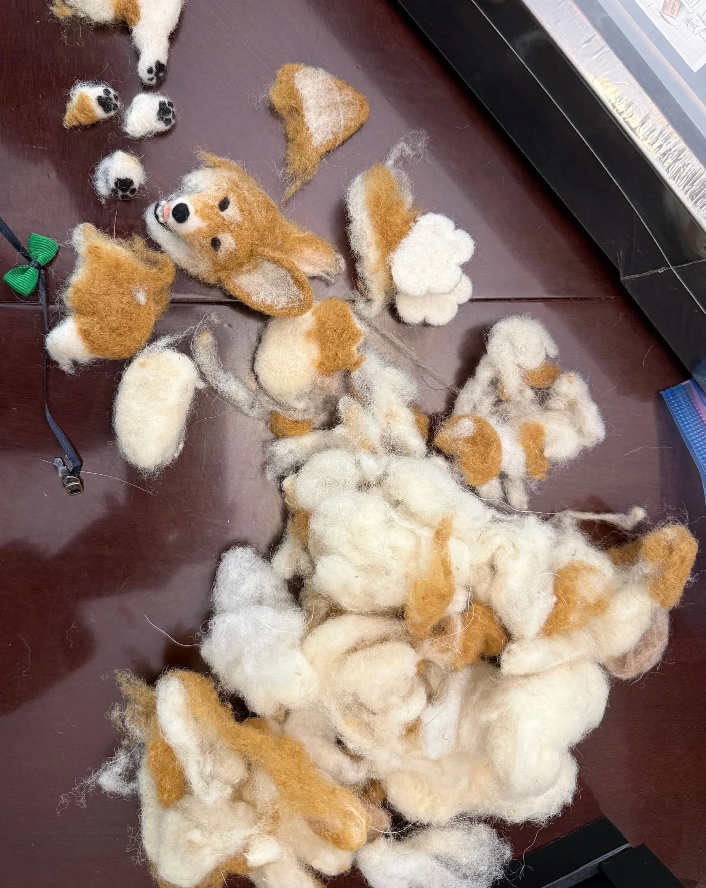 Oh no. 
😭😭😭😲😲😲😞😞😞😞

Fiber Friends are one of a kind pieces of art... Made of wool. Wool.... Which may be more tantalizing than some puppies or kitties can handle. 
Avoid this heartbreak. Display your Friends under glass, on a high shelf or 