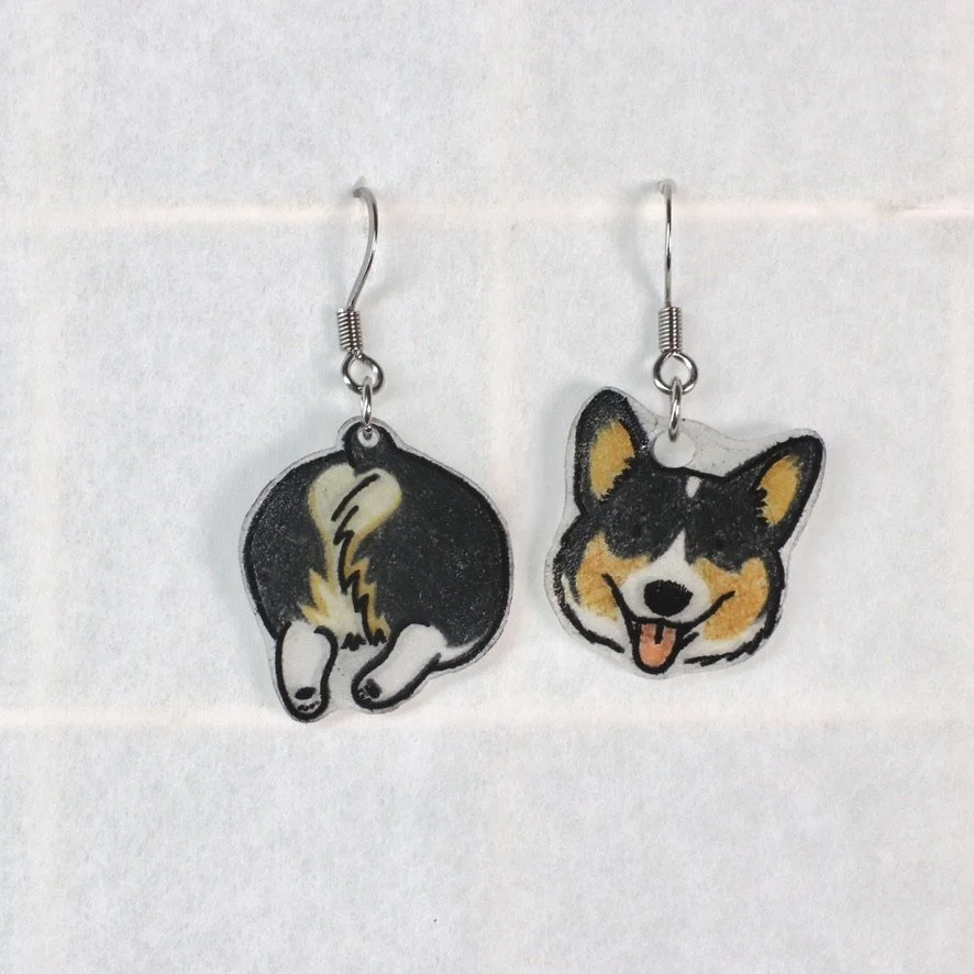 Corgi Butts Earrings: Black Headed Tri