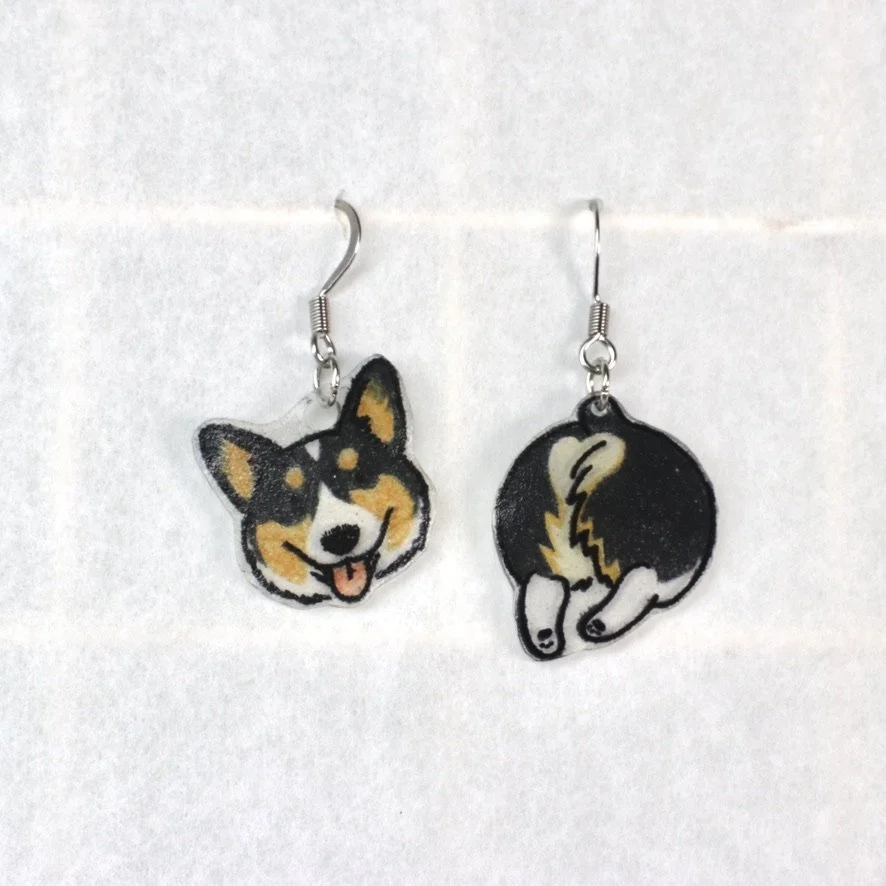 Corgi Butts Earrings: Black Headed Tri
